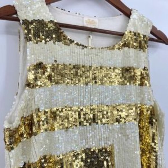 Julie Brown Sequined Top Striped Ivory Gold Sleeveless Pullover Round Neck SZ L - Picture 2 of 5